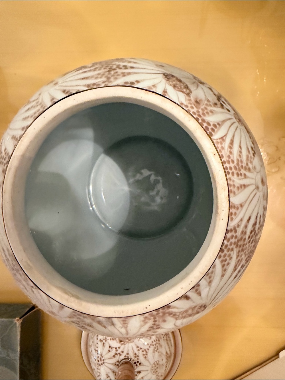 Decorative White and Brown Ceramic Vase with Blue Interior